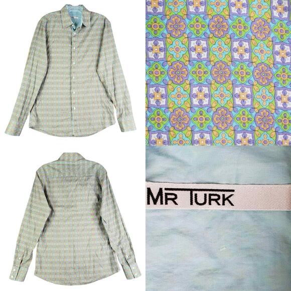 Mr Turk Button Down Shirt Men’s Size Small S ? Green Geometric Long Sleeve - Picture 1 of 10